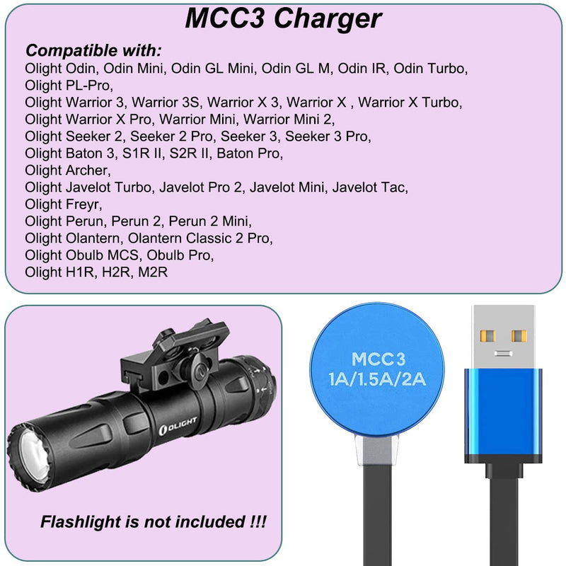 [Australia - AusPower] - Kissmart MCC 3 Charger for Olight Odin/Odin Mini/PL-Pro/Baton3/Warrior Mini2/Perun 2/Seeker 3 Pro/Warrior 3s/Baldr Pro R | Replacement USB Charging Cable for Flashlights (1m/3.3ft) 
