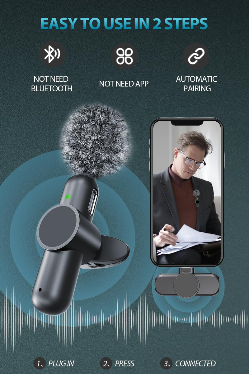 [Australia - AusPower] - 2PCS Wireless Lavalier Microphone for iPhone, Plug-and-Play Lapel Mini Mic with 2.4G Ultra-Low Delay, Noise Reduction Chip, 6H Working Time, Idea for YouTube/Vlog/Interview/Tiktok/Live Streaming 