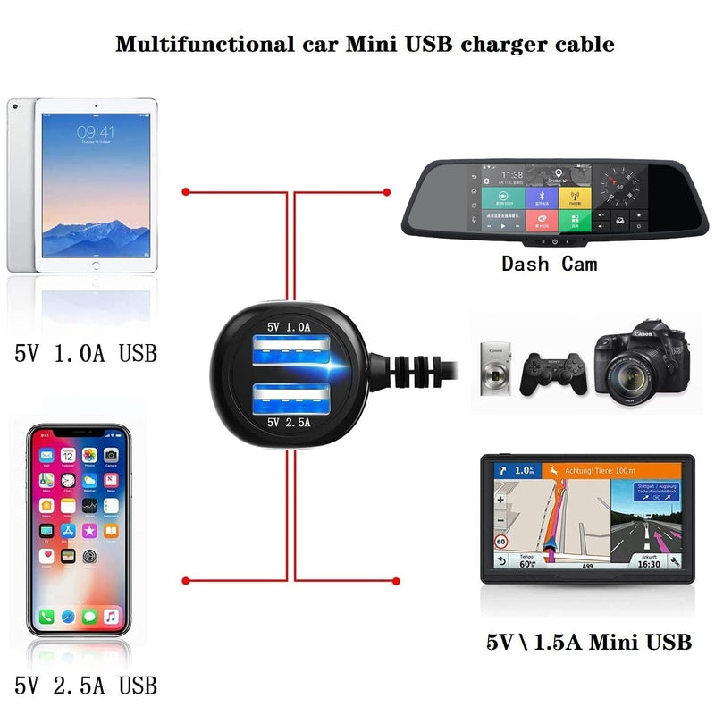 [Australia - AusPower] - Dash Cam Charger GPS Navigator Charger Cable for Mini USB Port Device Dash Cam GPS MP3/MP4 Player Canon Digital Camera PDA Charger for 12V Car and 24V Truck Car Power Adapter Cable (2USB 5V A) 2USB 5VA 