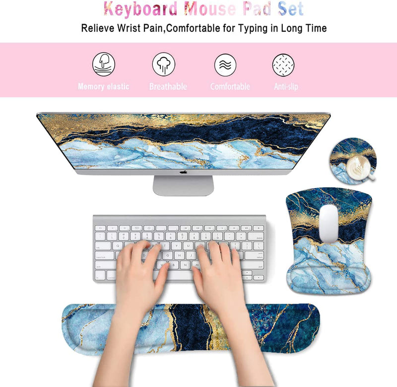 [Australia - AusPower] - Lateefah Mouse Pad Wrist Support, Keyboard Wrist Rest and Mouse Pad, Memory Foam Wrist Rests for Keyboard and Mouse, Ergonomic Mouse Pad and Keyboard Wrist Support for Gaming, Office & Easy Typing Blue Marble 
