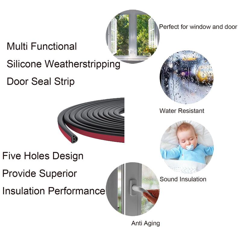 [Australia - AusPower] - Farady Weather Stripping Door Seal Strip D-Shape Silicone Weatherstrip Self Adhesive Tape Multi Holes Soundproof Sealing Strip for Windows Door Frame Insulation 6 Meters/19.7Ft (Black) Black 
