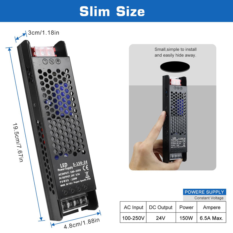 [Australia - AusPower] - PZETCEIR LED Driver 24V 150W 6.5A Slim LED Power Supply, AC 110V/240V to 24V DC Adapter, Constant Voltage LED Transformer for LED Strip Lights, LED Bulbs, Garden Light, LED Cabinet Lights 