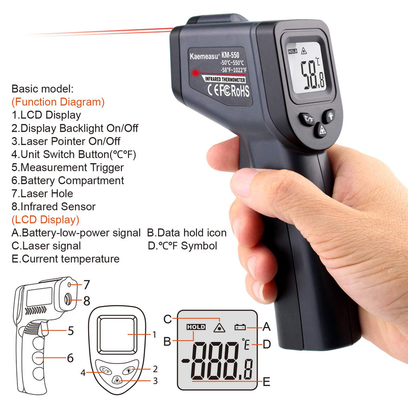 [Australia - AusPower] - Kaemeasu Digital Infrared Thermometer -58℉-1022℉ (-50℃ to 550℃) High Precision Handheld Non-Contact Electronic Thermometer Pyrometer IR Laser Point Gun KM-550 