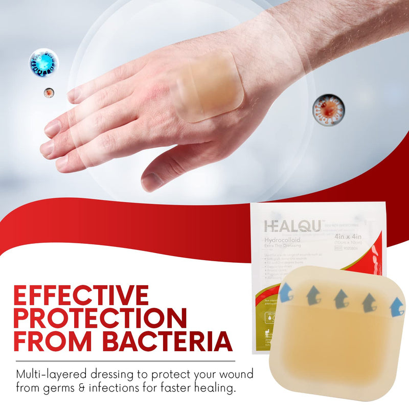 [Australia - AusPower] - Healqu Hydrocolloid Wound Dressing - 4x4" Bordered - Box of 10 Large Bandages - Sterilized Bordered Hydrocolloid Patches for Bed Sores, Abrasions, and More - Waterproof and Absorbent with Protective 