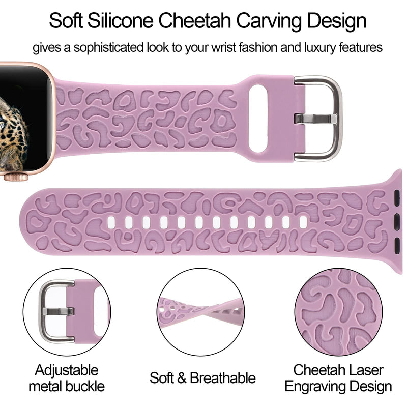 [Australia - AusPower] - 4 Pack Leopard Engraved Strap Compatible with Apple Watch Band 38mm 40mm 41mm,Women Men Silicone Animal Cheetah Accessories Sport Strap Wristbands for iWatch Series 7 6 5 4 3 2 1 SE 38/40/41mm White/Pink Sand/Lavender Purple/Lilac Blue 