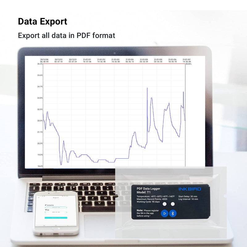 [Australia - AusPower] - Inkbird T1 Temperature Data Logger for Cold Chain, 4000 Points Records up to 90 Days Single-Use Temperature Logger, IP67 Waterproof, Exported PDF via Bluetooth (1 Pack) 1 