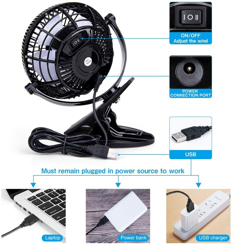 [Australia - AusPower] - USB Desk Fan, 4 inch Stroller Fan, Mini Clip on Fan , 2 Speed Portable Quiet Fan, 360° Rotate USB Fan for Home, Office and Camping(Black) Black 