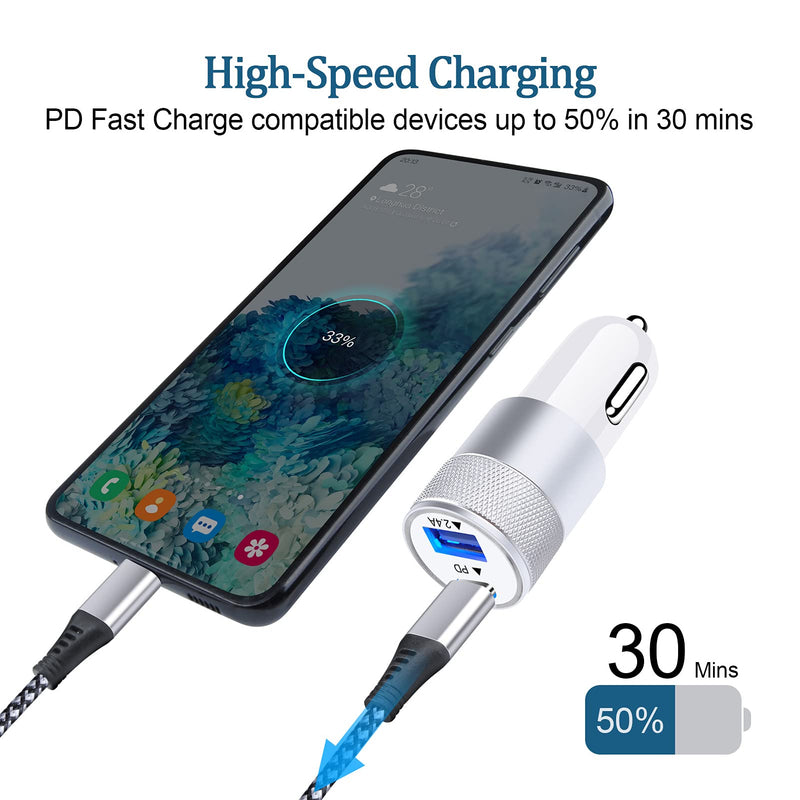 [Australia - AusPower] - USB C Fast Charger Kit for Samsung Galaxy A53 5G/A73/A33/A72/A71/A52s/S22/S21/S20/Ultra/Plus/S10/Note 20/iPad Pro 11"/12.9"/Air 4, 30W Car Charger Adapter+20W PD Wall Charger+2 x USB C to C Cables 6ft white 