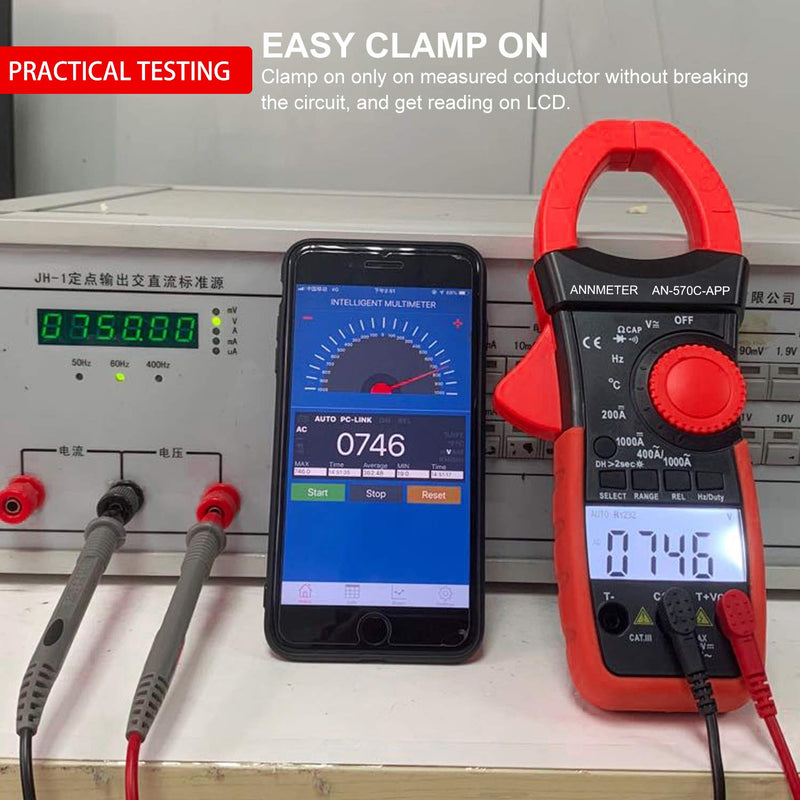[Australia - AusPower] - Digital Clamp Multimeter, AC&DC Amp Volt Ohm Tester, Auto Range Voltage Current Resistance Temp Diode Meter 4000 Counts DMM with Bluetooth APP(ANNMETER AN-570C-APP) 4000 counts W/ APP 