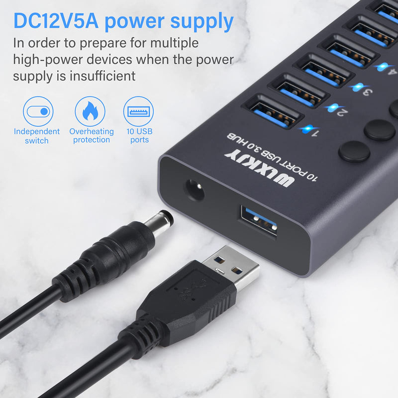 [Australia - AusPower] - Active USB Hub, WLXKJY Aluminum 10-Port USB 3.0 Hub with 10 USB 3.0 Data Transfer Ports, USB Splitter with Individual Switch and 60W (12V/5A) Power Adapter 