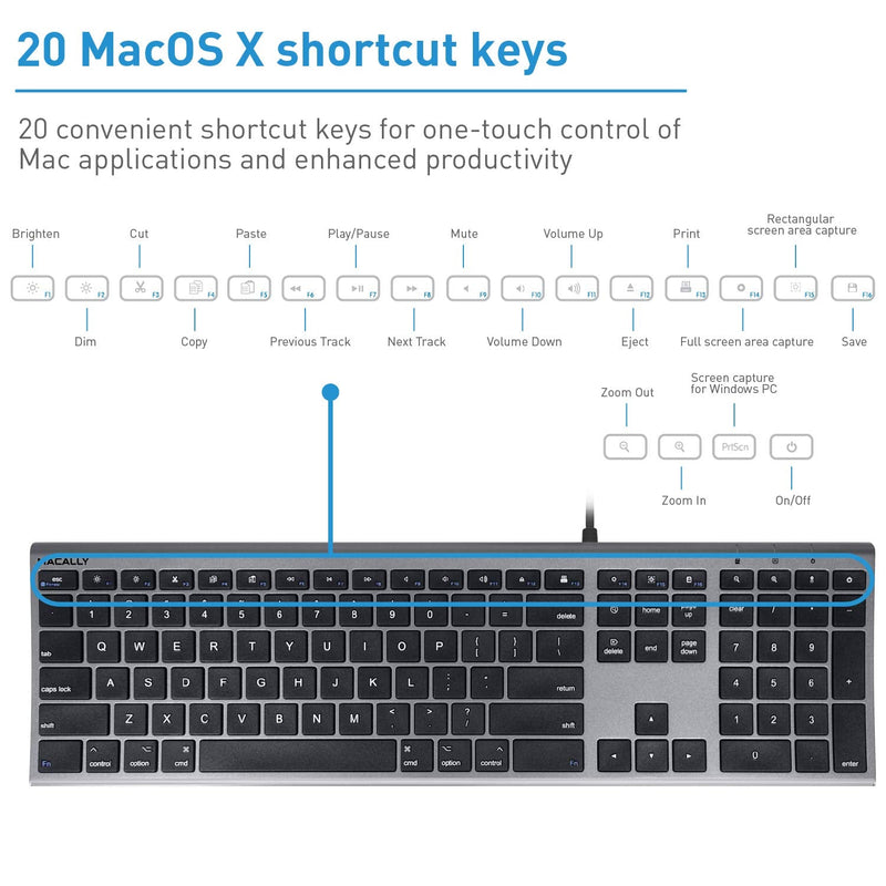 [Australia - AusPower] - Macally Ultra-Slim USB Wired Computer Keyboard - Works Great as Both a Windows or Wired Mac Keyboard - Compatible Full Size Apple Keyboard with Numeric Keypad for Mac Mini, iMac, MacBook - Space Gray Space Grey 