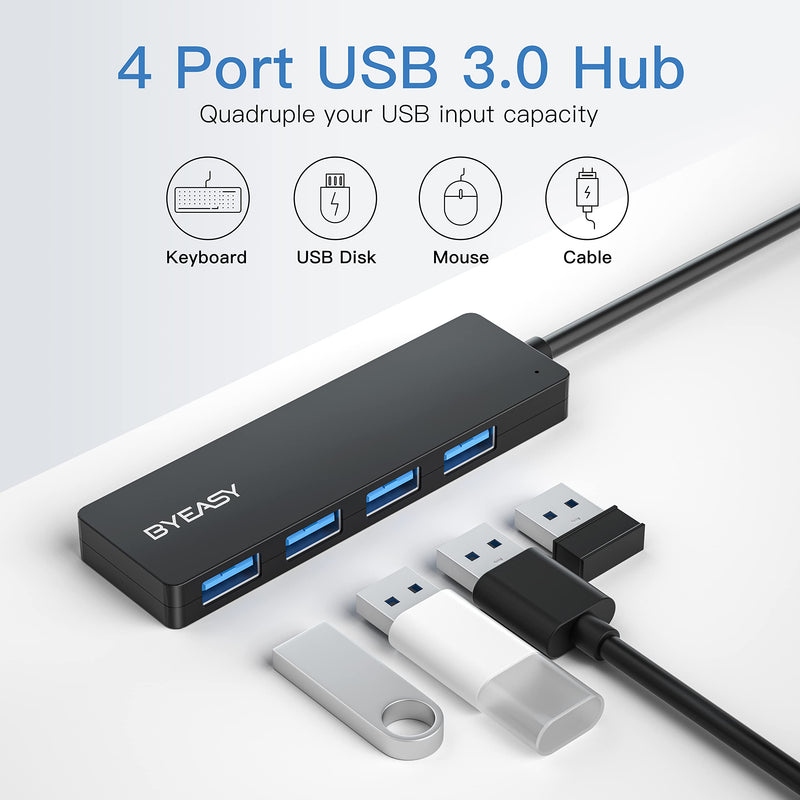 [Australia - AusPower] - USB Hub, BYEASY 4 Port USB 3.0 Hub, Ultra Slim Portable Data Hub Applicable for iMac Pro, MacBook Air, Mac Mini/Pro, Surface Pro, Notebook PC, Laptop, USB Flash Drives, Tesla Model 3 and Mobile HDD 0.8 ft Black 