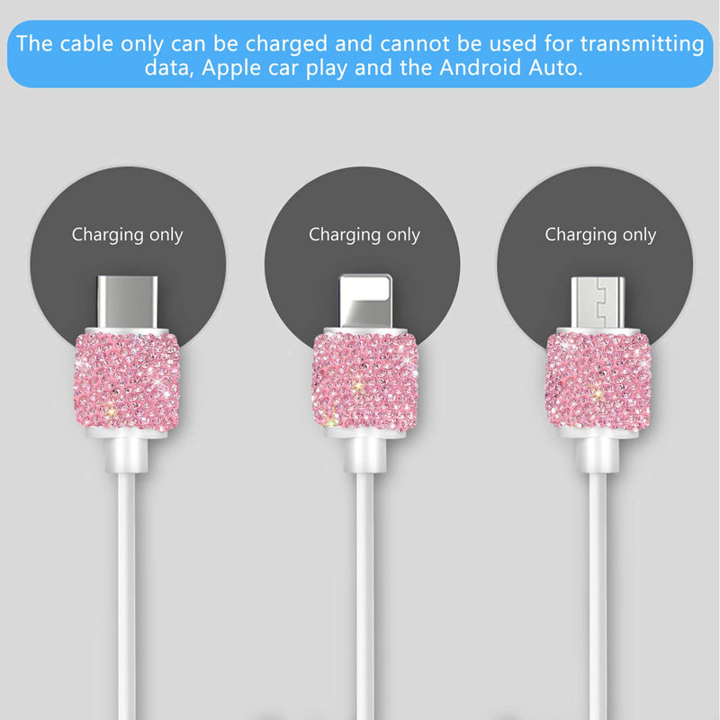 [Australia - AusPower] - Bling USB Wall Charger with Charging Cable,Fast Block for iPhone Android,3-in-1 Multi Charger Cable Micro USB Type C Multiple USB Cord with Crystal Decor,Cell Phone Accessories for Women,Girls (Pink) Pink Charger & Cable 