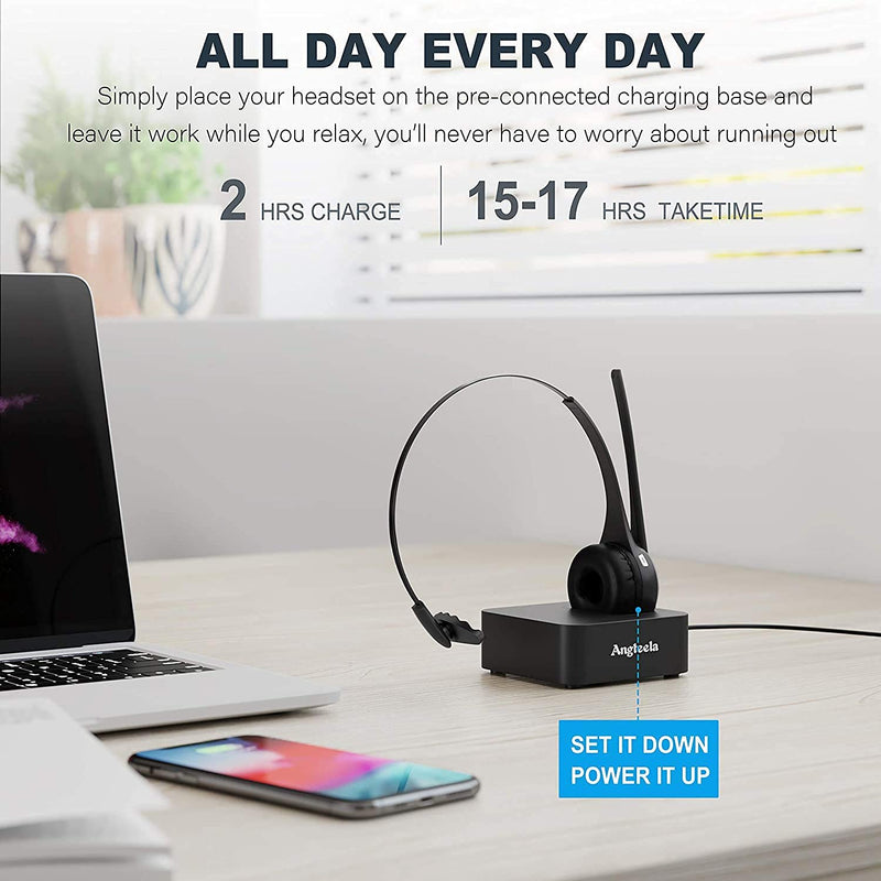 [Australia - AusPower] - Trucker Bluetooth Headset, Angteela Wireless Headset with Microphone, Wireless Cell Phone Headset with Noise Canceling Mic Charging Base Mute Function for Home Office Call Center Skype 