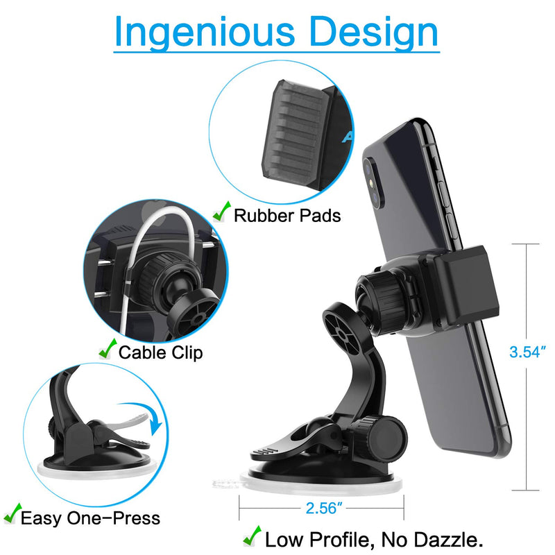 [Australia - AusPower] - APPS2Car Suction Cup Phone Holder for Car with Adjustable Arm, Low Profile Dashboard Phone Mount Compact Windshield Window Dash Mobile Stand Compatible w/ All iPhone and Android Cell Phones 