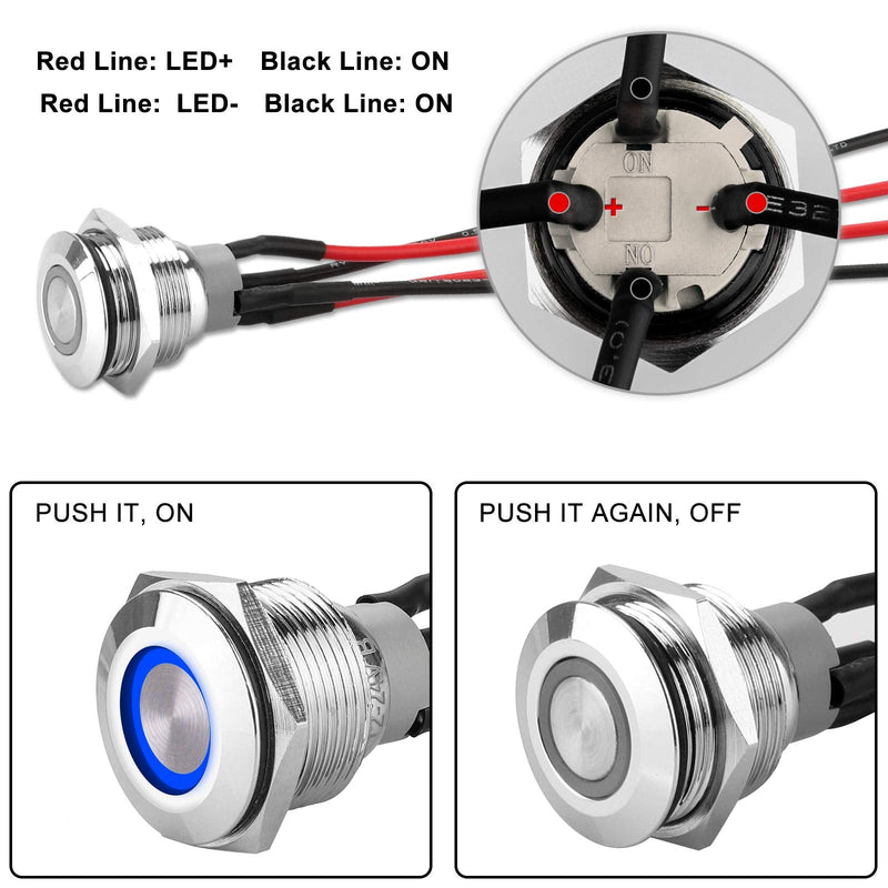 [Australia - AusPower] - 5Pcs 19mm 12V Waterproof ON Off Latching Push Button Switch with Wiring Harness and Led Indicator Light, 24V Pre-Wired SPDT Self-Locking 4 Pin Marine Metal Switch for Boats Cars Truck (Blue) 19mm Wire Blue 