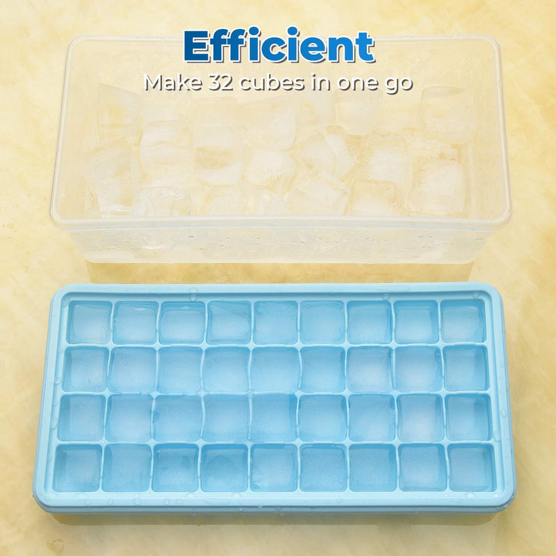 [Australia - AusPower] - Ice Cube Tray With Lid and Bin - Large Silicone Ice Tray For Freezer | Comes with Ice Container, Scoop and Cover| BPA Free| Space Saving Ice Cube Molds | Perfect for Cocktails, Waterbottles or Whisky! 36- Medium Ice Cubes Blue 