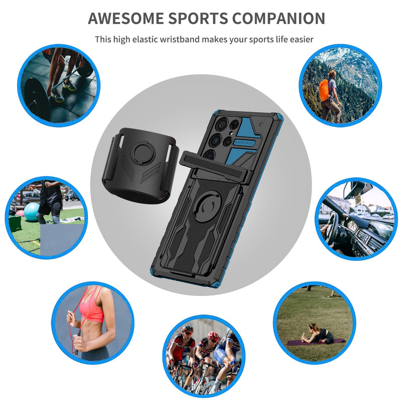 [Australia - AusPower] - Bkrtondsy Case for Samsung Galaxy S22 Ultra with Kickstand Armor Rotatable Detachable Sports Running Armband Shockproof Impact-Resistant Wristband Heavy Duty Protection Case 6.8 Inch 2022(Blue) Blue 