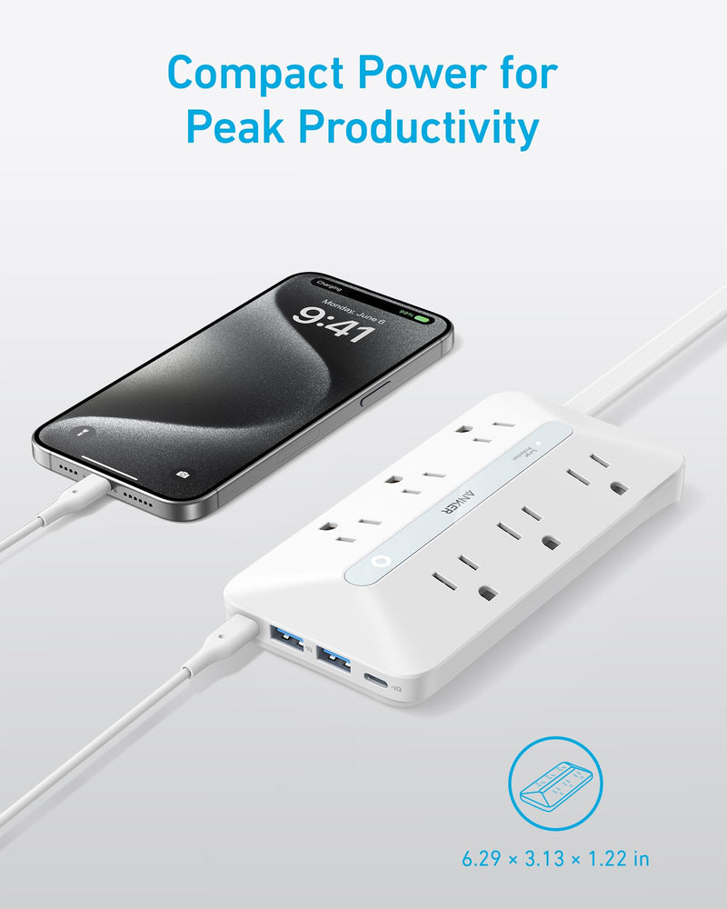 [Australia - AusPower] - Flat Plug Power Strip, Anker USB C Power Strip, 10-in-1 Ultra Thin Power Strip with 6 AC, 2 USB A and 2 USB C Ports,5ft Extension Cord, Desk Charging Station,Home Office College Dorm Room Essentials White 