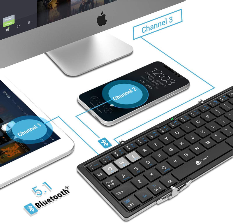 [Australia - AusPower] - iClever BK03 Bluetooth Keyboard, Bluetooth 5.1 Foldable Wireless Keyboard with Portable Pocket Size and iClever Vertical Mouse - Ergonomic Mouse Wireless 6 Buttons 