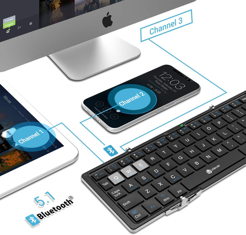 [Australia - AusPower] - iClever BK03 Bluetooth Keyboard, Bluetooth 5.1 Foldable Wireless Keyboard with Portable Pocket Size and iClever Ergonomic Mouse - Wireless Vertical Mouse 6 Buttons 