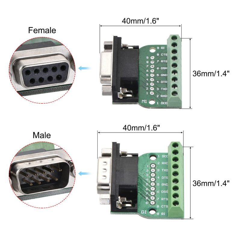 [Australia - AusPower] - MECCANIXITY DB9 RS232 Serial D SUB Male Connector and DB9 D-SUB Female Adapter Plate RS232 to 9 Position Terminal Board 