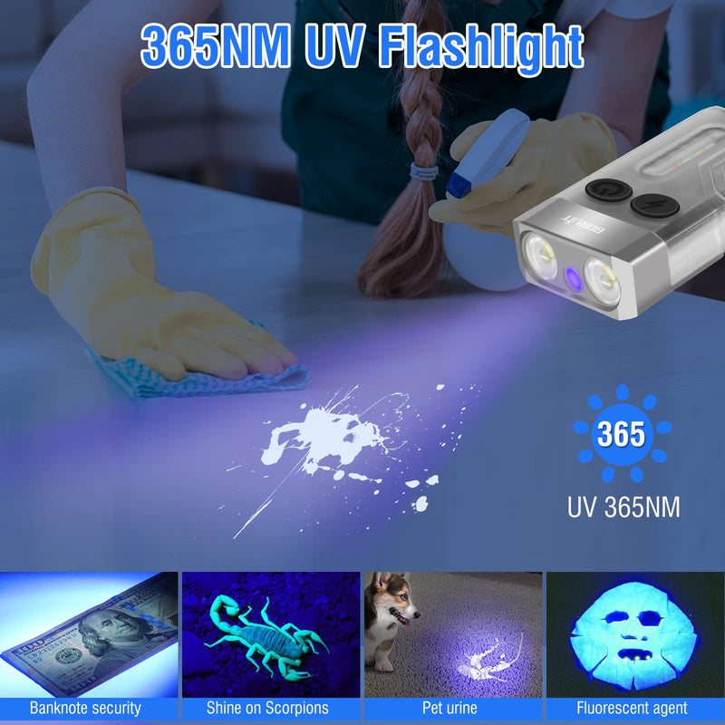 [Australia - AusPower] - BORUIT V10 Small Powerful Flashlight with 365nm UV Black Light - Super Bright 1000 LM, USB C Rechargeable LED Keychain Flash Light with COB Side Light, Magnet Buzzer- 12 Modes, IPX4 Pocket Flashlight White 