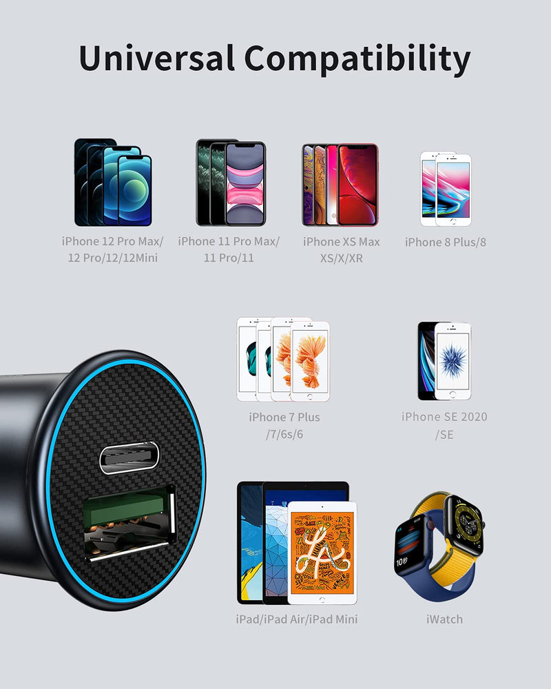 [Australia - AusPower] - WORSORS USB C Car Charger, 20W PD&QC3.0 [Mini&Metal] Fast Charging Adapter Compatible for iPhone 13 Pro Max/13 Pro/13 Mini/13/12/11/SE 2020/XS/XR/X/8 Plus + MFi Certified 3FT Type C to Lightning Cable 