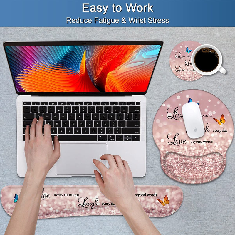 [Australia - AusPower] - Keyboard Wrist Rest and Mouse Pad Wrist Support Set with Coasters, Non-Slip PU Base Ergonomic Gaming Mousepad for Home Office Working Studying Easy Typing & Pain Relief, Glitter Quote Live Laugh Love 