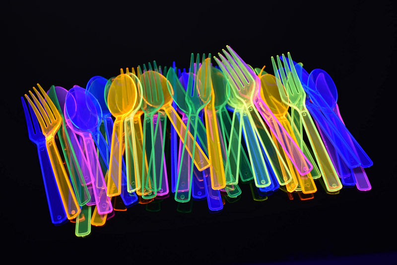 [Australia - AusPower] - DirectGlow Neon Blacklight Reactive Hard Plastic Assorted Cutlery Flatware Glow Party Supplies Birthday Holiday 48 Pieces (16 Place Settings) 16 Place Settings 