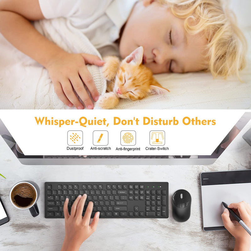 [Australia - AusPower] - Wireless Keyboard and Mouse, Trueque Silent 2.4GHz Cordless Full Size USB Keyboard Mouse Combo, Long Battery Life, Lag-Free Wireless for Computer, Laptop, PC, Window, Mac, Chrome OS(Black) Black 