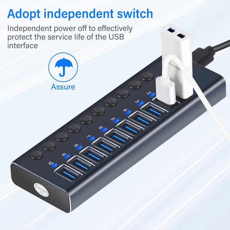 [Australia - AusPower] - Active USB Hub, WLXKJY Aluminum 10-Port USB 3.0 Hub with 10 USB 3.0 Data Transfer Ports, USB Splitter with Individual Switch and 60W (12V/5A) Power Adapter 