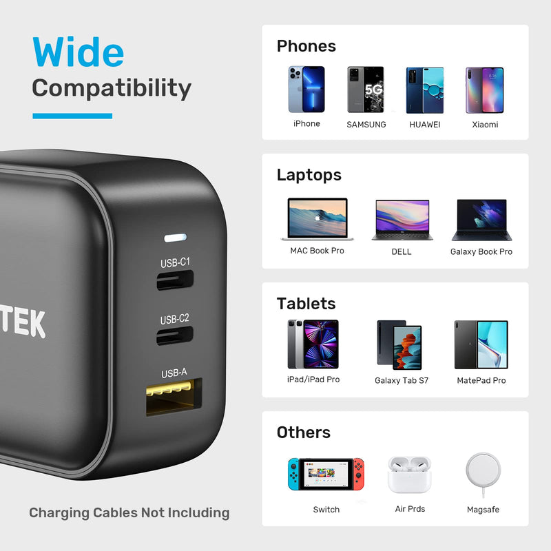 [Australia - AusPower] - Unitek USB C Charger, 3 Ports 66W GaN Fast Wall Charger with PD Charging, Dual Type-C Power Adapter Compatible with MacBook Air/iPhone 13/Pro/Max, Galaxy S21/S20, Oneplus, iPad, and More 