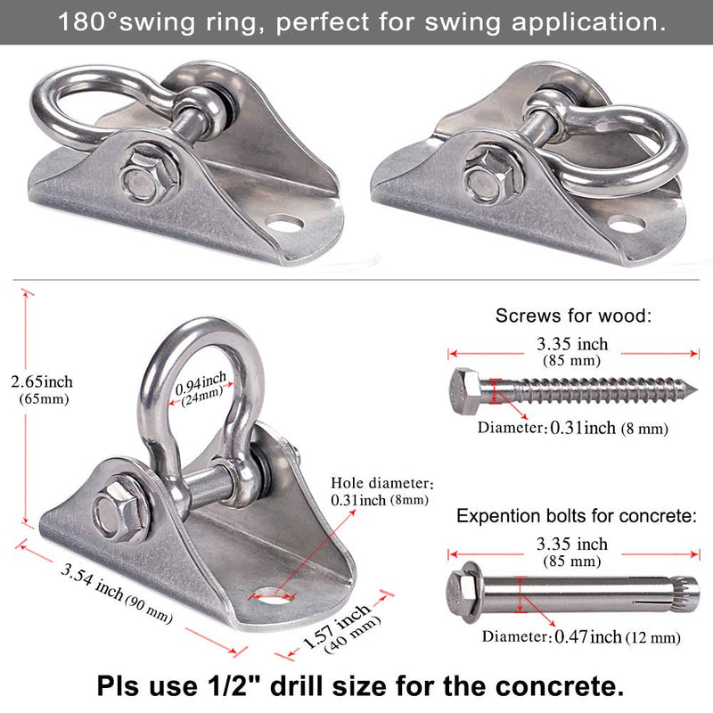 [Australia - AusPower] - BeneLabel Permanent Antirust Stainless Steel Heavy Duty Swing Hanger, 1000 LB Capacity, 2 Screws for Wooden and 2 Expansion Bolts for Concrete, Yoga Hammock Chair Sandbag Swing Sets, 180° Swing 