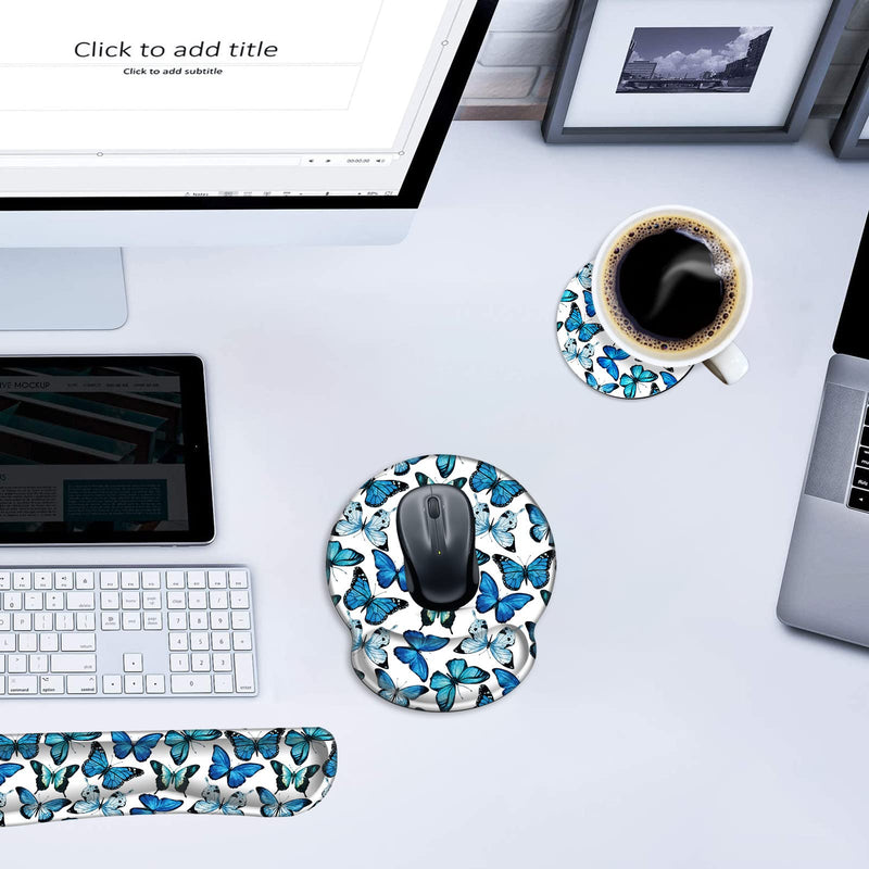 [Australia - AusPower] - Mouse Pad Wrist Support and Keyboard Wrist Rest Pad with Coaster,Non-Slip Rubber Base Ergonomic Gaming Mousepad for Home Office Working Studying Easy Typing & Pain Relief,Blue Butterflies Blue Butterflies 