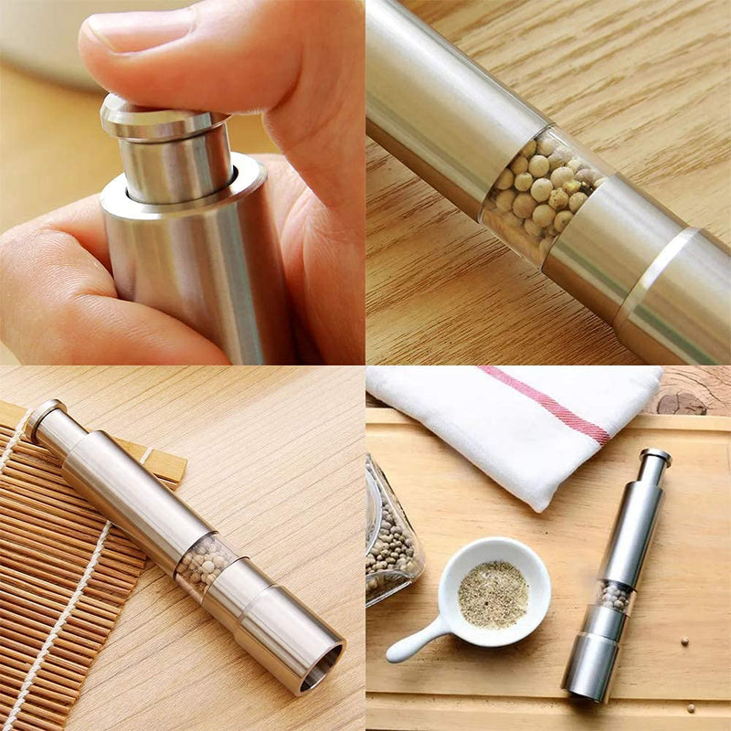 [Australia - AusPower] - [Set of 2] Premium Stainless Steel Salt Grinder & Pepper Mill Set for Peppercorns Sea Salt Himalayan Salt and Spices, Thumb Push Button for 1 Hand Operation 