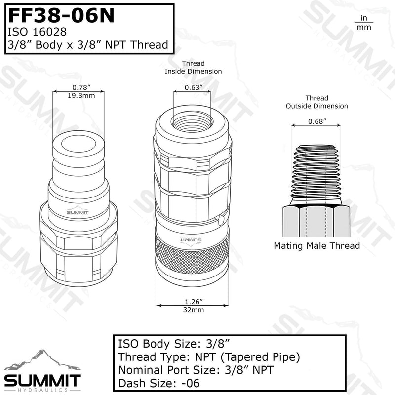 [Australia - AusPower] - 3/8" Flat Face Hydraulic Quick Connect Coupler Set w/Dust Caps, 3/8" NPT Thread 
