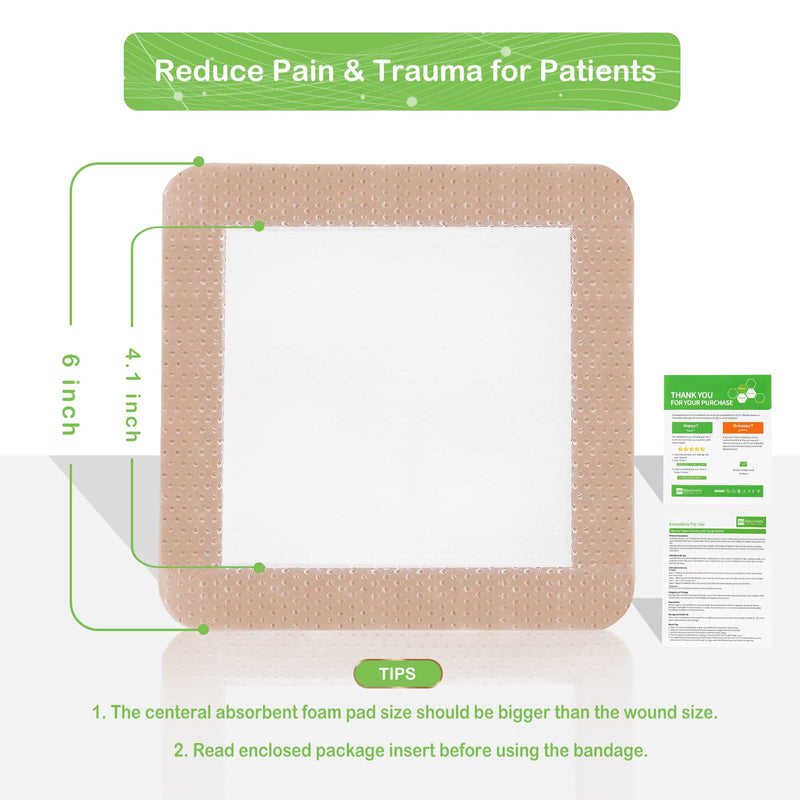 [Australia - AusPower] - Silicone Adhesive Foam Dressing with Gentle Border 6 x 6 inch for Bed Sore Leg Ulcer, 5 Pack, High Absorbency Waterproof Silicone Wound Bandage for Pressure Ulcer by NeuHeils 6''x6'' 