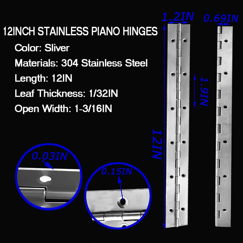 [Australia - AusPower] - 12Inch Continuous & Piano Hinges, 4Pcs Stainless Steel Continuous Hinge with Holes, Heavy Duty Polished Stainless Piano Hinges for Boats Cabinets Storage Box, 0.04" Leaf Thickness 1.2” Open Width 