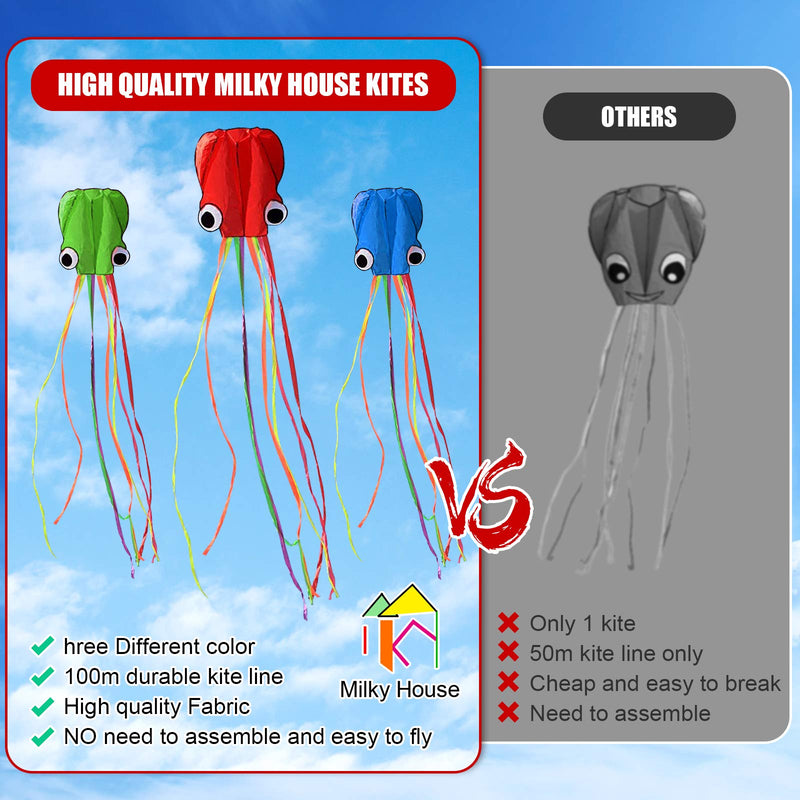 [Australia - AusPower] - 3 Pack Octopus Kite, 3D Kite Long Tail Easy Flyer Kite Beach Kites People Adults Gift 3 Colors (Blue Green Red) Kites for Kids Easy To Fly, Kite Kit with Kite String 100M, Kiteboarding Kite for Adults 
