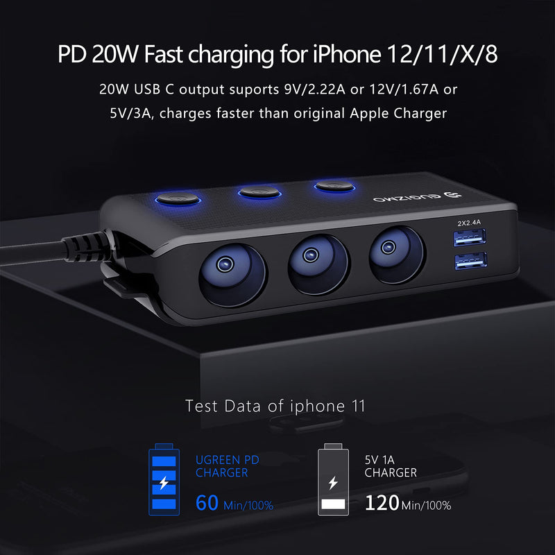 [Australia - AusPower] - Cigarette Lighter Adapter [2022 Upgraded] USB C Charger 20W and Quick Charge 3.0 Car Cigarette Lighter Splitter 200W High Power 12V/24V Car Splitter with 3 Socket Car Cigarette Lighter Splitter 