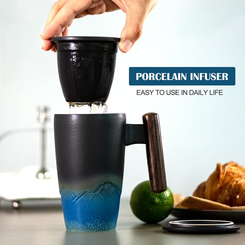 [Australia - AusPower] - suyika Tomotime Ceramic Tea Cup with Infuser and Lid Tea Mugs Wooden Handle 400ml/13.5oz Black cyan 