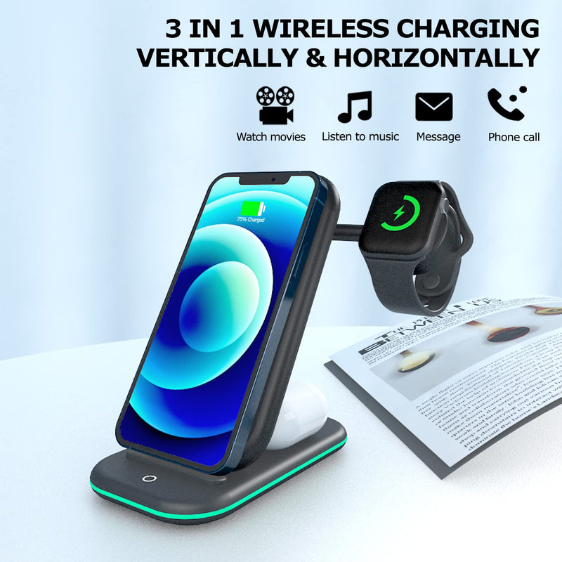 [Australia - AusPower] - Wireless Charging Station, Kodagia 3 in 1 Wireless Charger, Qi Certified Fast Charging Station Compatible with Apple iWatch Series, AirPods, iPhone 12/12 Pro/12 Pro Max/11pro/11proMax, Include Adapter 