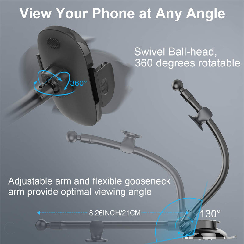 [Australia - AusPower] - Car Phone Holder Mount, Sturdy Car Phone Mount with 8.26-Inch Gooseneck Long Arm, Industrial-Strength Strong Suction Cup Car Mount, Universal Dashboard Windshield Phone Holder Car for CellPhone iPhone 