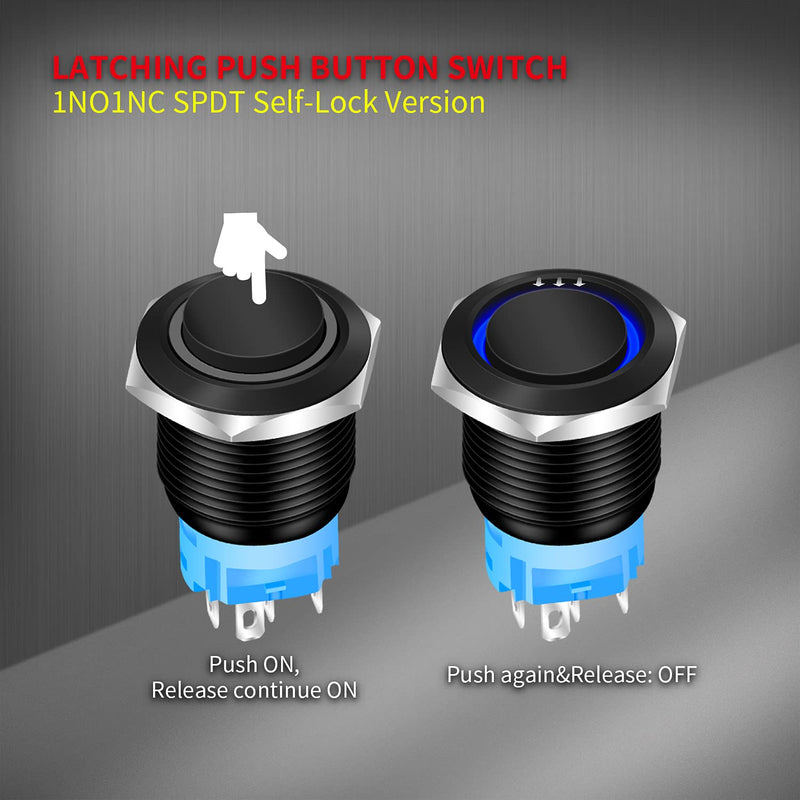 [Australia - AusPower] - DaierTek Latching Push Button Switch 12V Pushbutton Switch Blue LED 12 Volt Push Button Switch Metal Waterproof ON Off Switch 16mm with Label -5Pack 