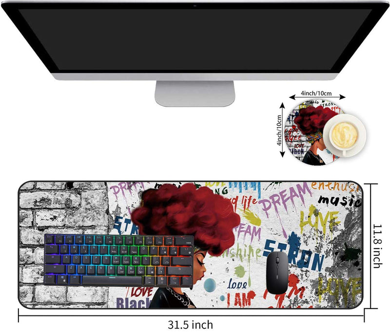 [Australia - AusPower] - Extended Gaming Mouse Pad and Coaster,Large Non-Slip Rubber Base Mousepad with Stitched Edges,Waterproof Mouse Mat Desk Pad for Work,Office,Home -African Black Woman Graffiti Girls with Red Hair Ya-mousepad-5-1 