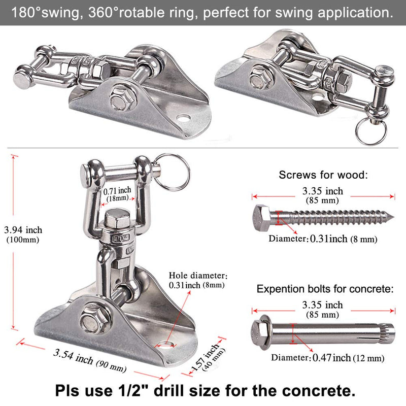 [Australia - AusPower] - BeneLabel Permanent Antirust Stainless Steel Heavy Duty Swing Hanger, 1000 LB Capacity, 2 Screws for Wooden and 2 Expansion Bolts for Concrete, Yoga Hammock Chair Sandbag Swing Sets, 360° Swing 
