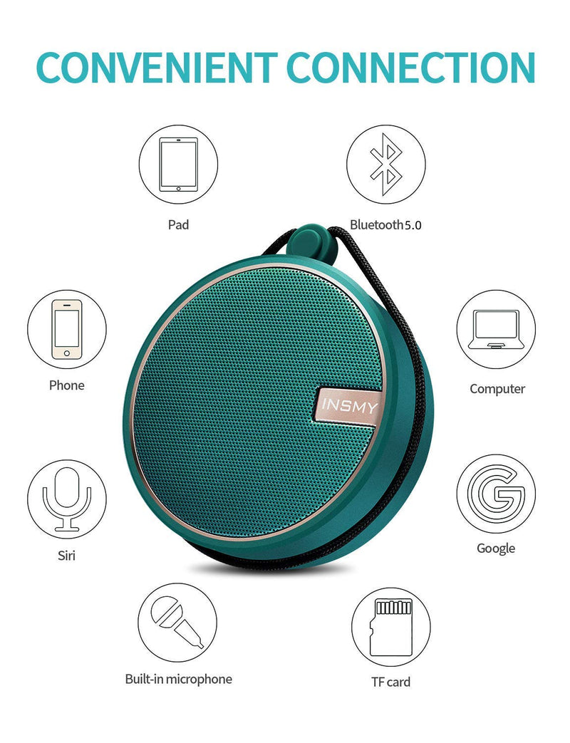 [Australia - AusPower] - INSMY Portable IPX7 Waterproof Bluetooth Speaker, Wireless Outdoor Speaker Shower Speaker, with HD Sound, Support TF Card, Suction Cup, 12H Playtime, for Kayaking, Boating, Hiking (Teal) Teal 