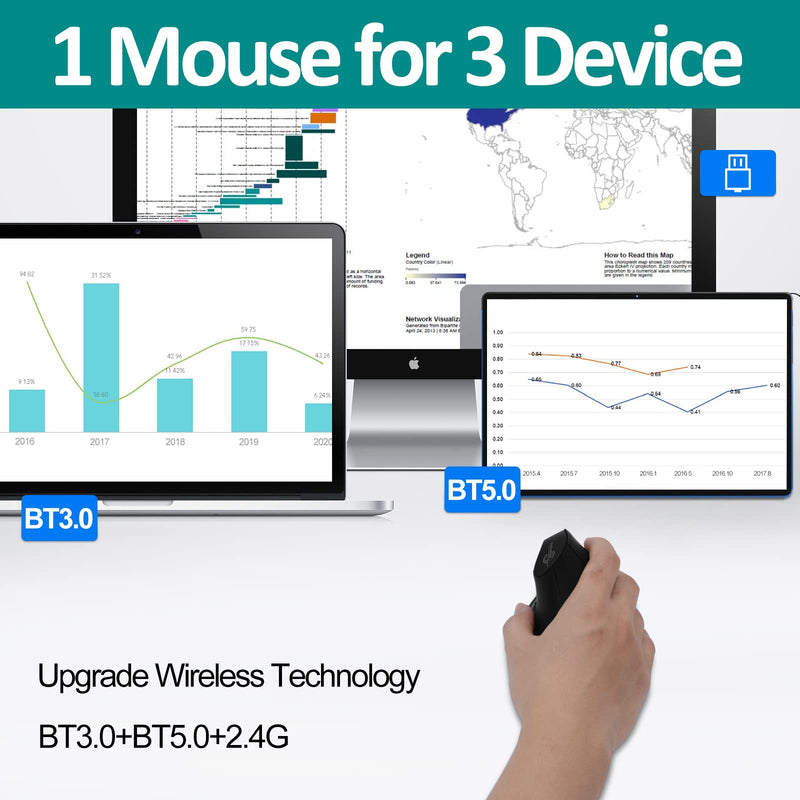 [Australia - AusPower] - Wireless Mouse Tri-Mode (BT 5.0/3.0+2.4GHz), TRELC Ergonomic Vertical Mouse with 3 Adjustable DPI, Rechargeable Optical Wireless Mouse for 3 Devices, 7 Buttons for PC, Desktop, Laptop, Tablet (Black) Tri-Mode (BT 5.0/3.0+2.4GHz) 