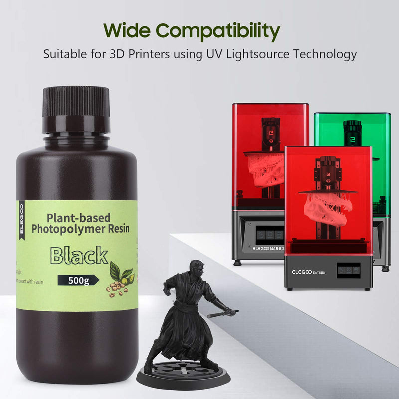 [Australia - AusPower] - ELEGOO Plant-Based 3D Printer Resin with Low Odor and High Precision, 405nm UV Rapid Resin, and Quick Curing for LCD 3D Printing - Black 500g 
